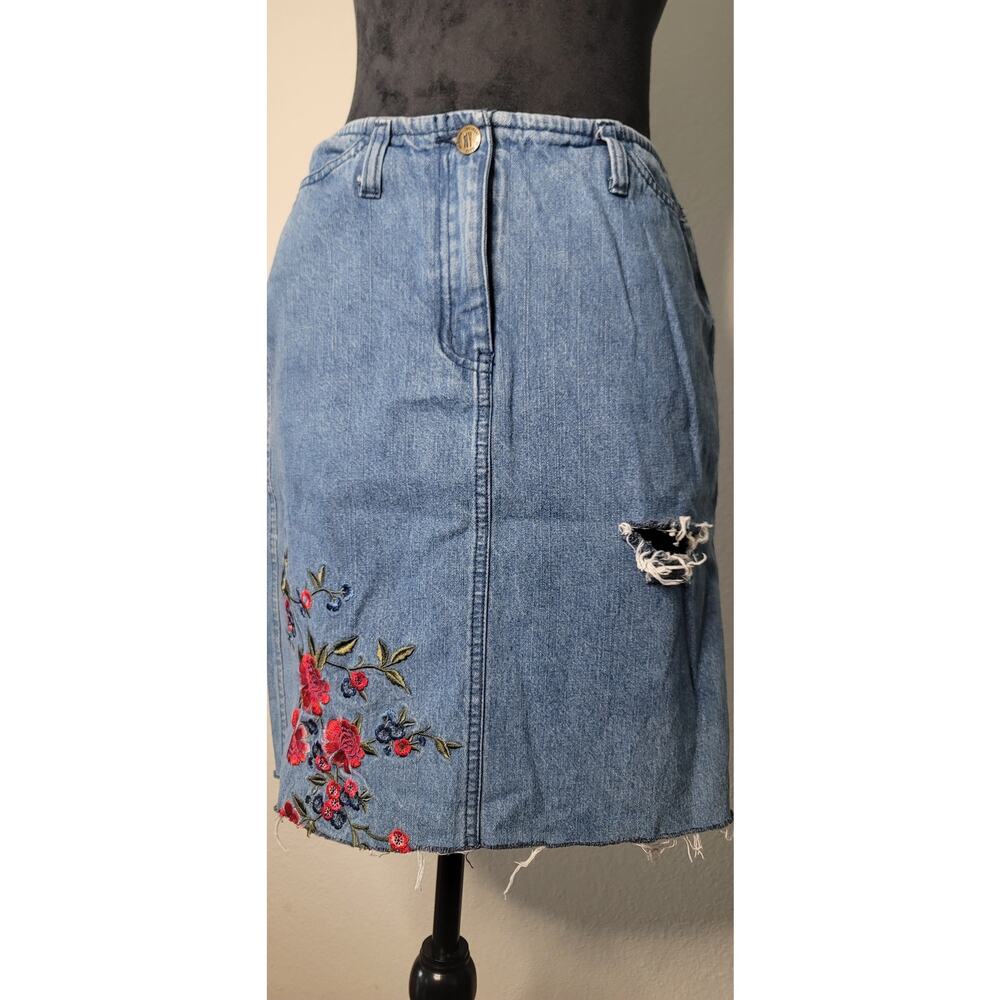 100% Cotton Distressed Denim Midi Skirt with Red Rose Embroidery Sz 2